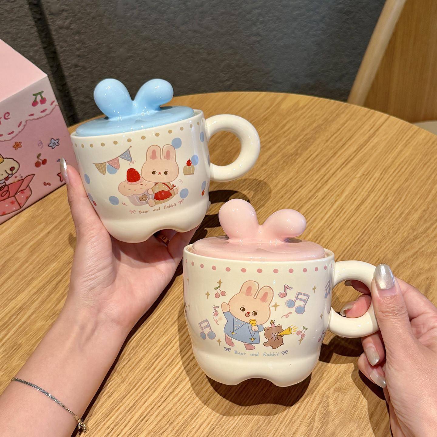 兔子马克杯女陶瓷带盖可爱高颜值办公室家用早餐喝水杯子生日礼物
