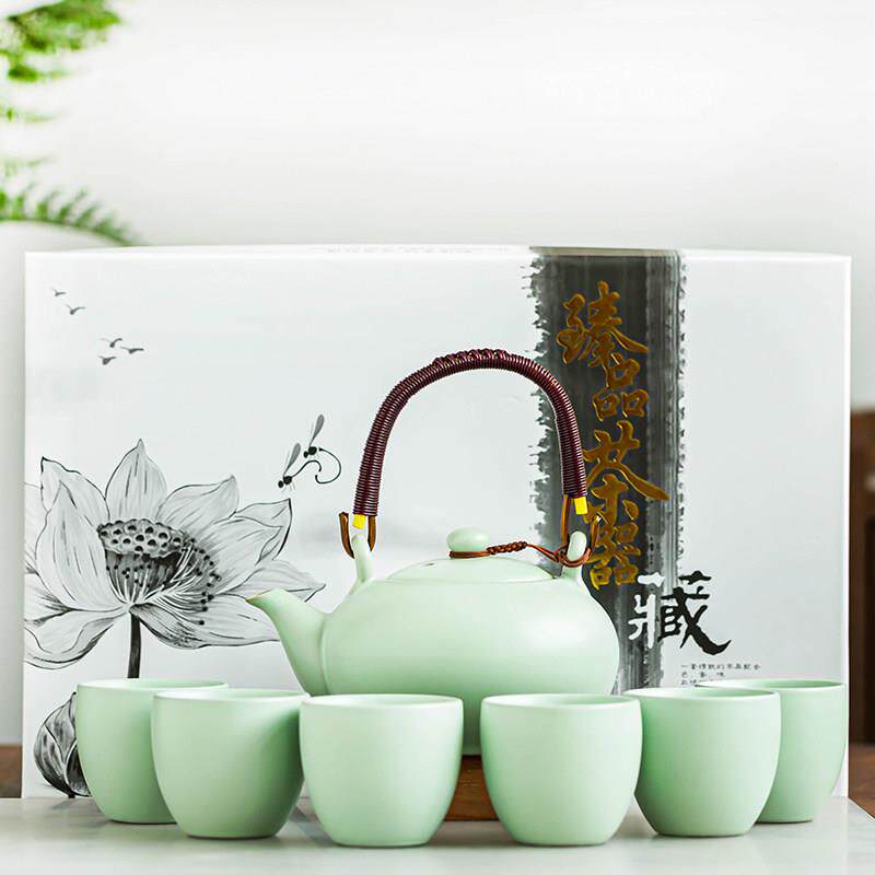 青瓷汝窑提梁壶茶具套组家用简约功夫茶杯开片可养汝瓷大号泡茶壶