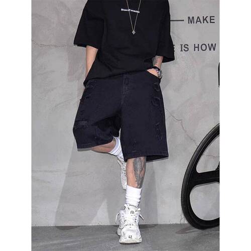 I 32858 Men's distressed denim shorts 士毛边牛仔五分裤