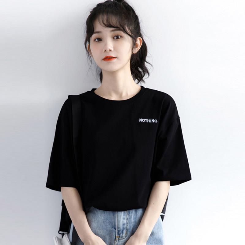 2025年夏季新款黑色短袖T恤女宽松字母刺绣体恤显瘦纯棉打底上衣