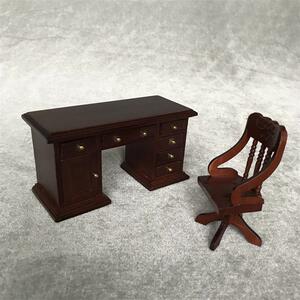 1:12娃娃屋miniature furniture木质迷你家具复古书房场景书桌椅