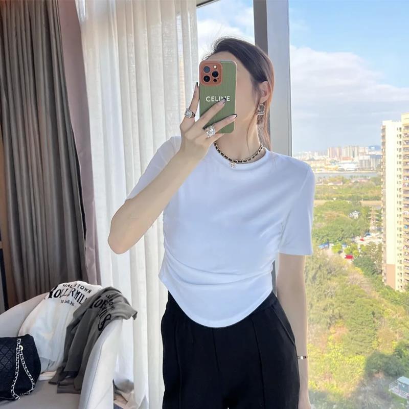 白色短袖T恤女2025新款春夏洋派修身不规则弧形下摆短款正肩上衣