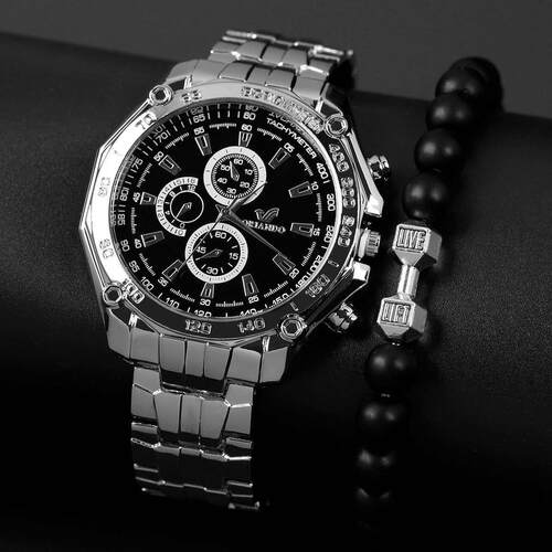 Men's watch set男士时尚商务钢带刻度表盘石英手表+皇冠串珠