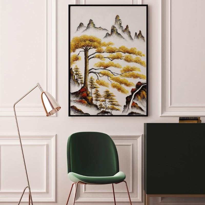 新中式纯手绘中式油画肌理卧室壁画挂画客厅装饰画立体画手工彩绘
