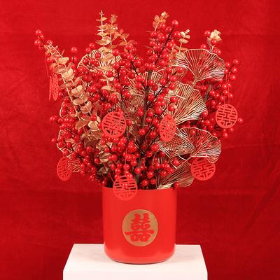 高档模红果福桶装饰吉祥果打开迁婚礼庆典客厅电视柜入拟口新年祝