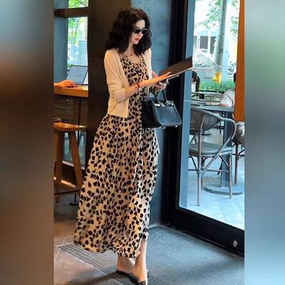真丝桑蚕丝吊带洋装女装夏季新款气质显瘦印花长裙防晒开衫套装