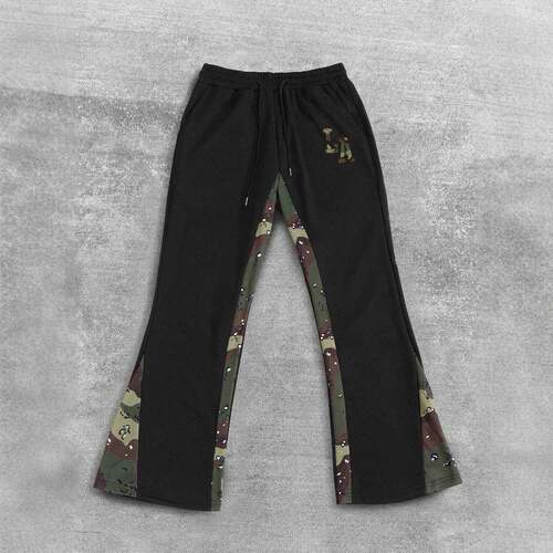 Letter Patchwork Print Drawstring Waist Flare Leg Pants