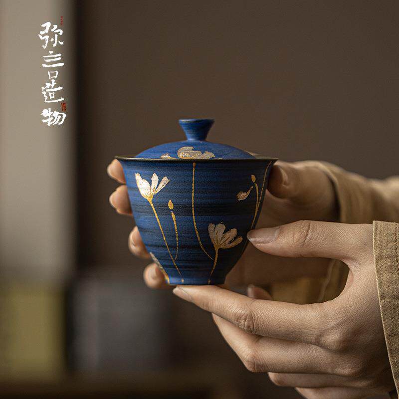 弥言克莱因蓝粉引盖碗手工粗陶泡茶碗茶杯金银纯手绘格桑花泡茶器