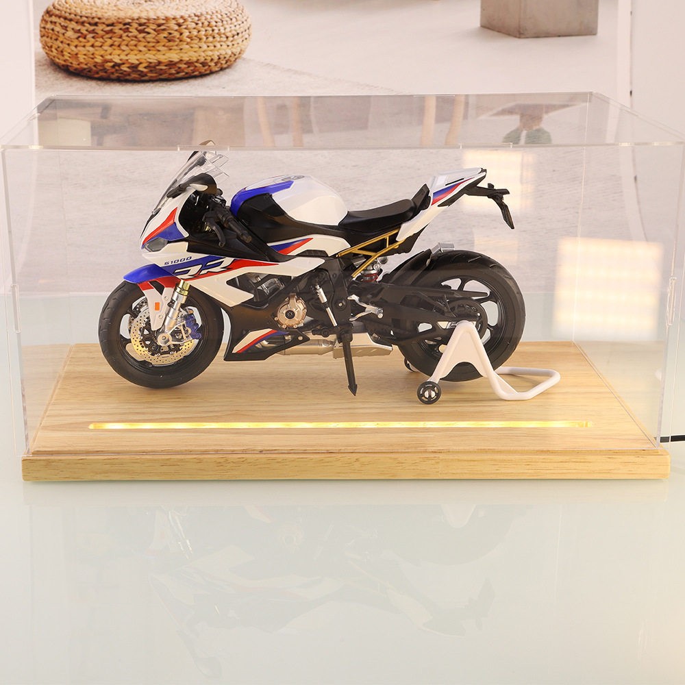 摩托模型展示盒1:12汽车场景实木质底座压克力发光防尘罩装饰摆饰
