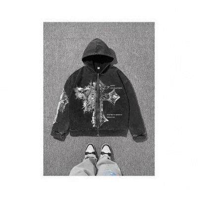 Regular Fit Cross Print Zip Up Hooded Jacket Drop Shoulder