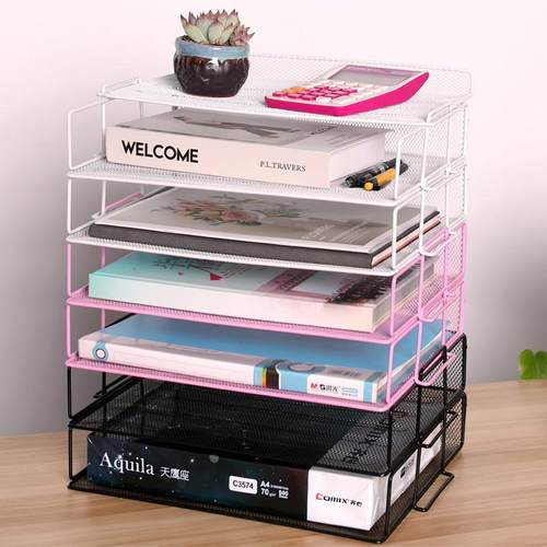 办公室桌叠面A多4层金属文件层架架可加收纳盒架文件夹档案铁艺置