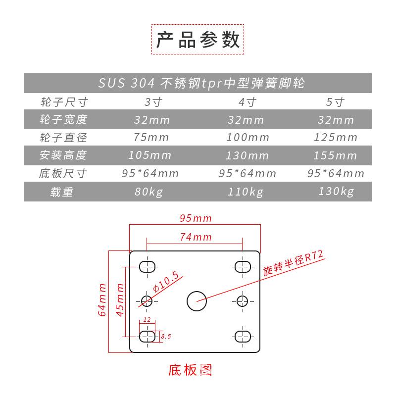 中型弹簧不钢脚轮手T防PR静音轮锈脚轮轮锈防酸153碱推车轱辘