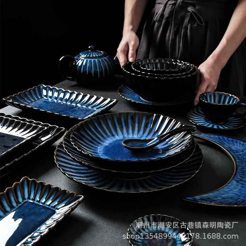 窑变蓝餐具花季系列复古陶瓷餐具盘子家用餐盘杯子面碗汤碗西餐盘