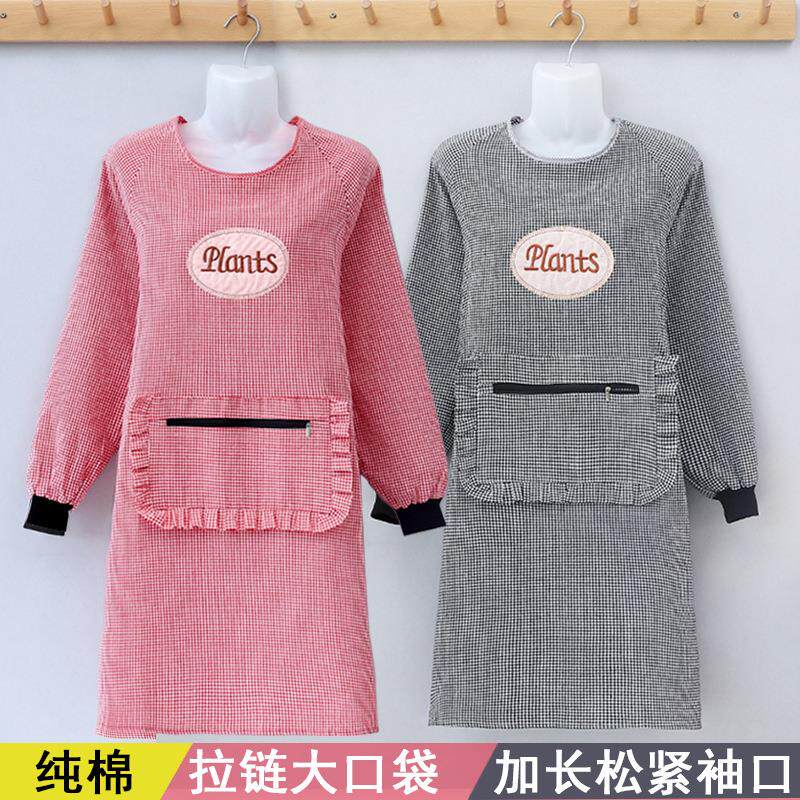 纯棉罩衣女厨房做饭成人长袖围裙防油污秋冬春上班反穿衣工作服