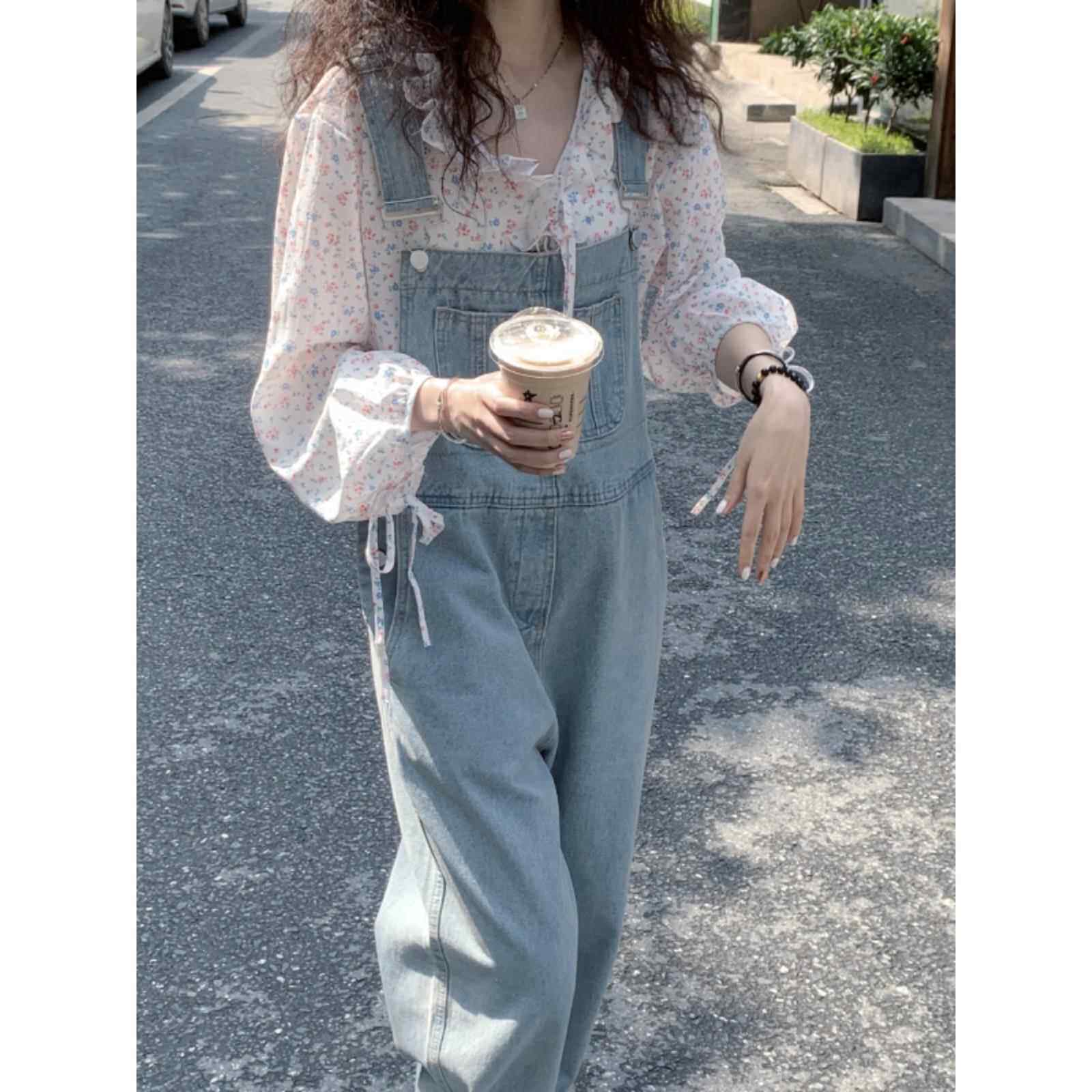 牛仔工装裤女士夏季瘦2025新韩式宽松连体裤外国风格覆古阔腿裤女