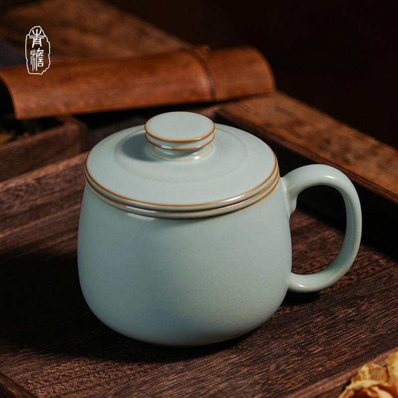 汝窑陶瓷杯带盖子大容量覆古杯子景德镇办公杯泡茶水杯过滤茶杯青