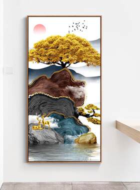 中式入户玄关装饰画麋鹿黄金发财树挂画新中式山水画酒店玄关画