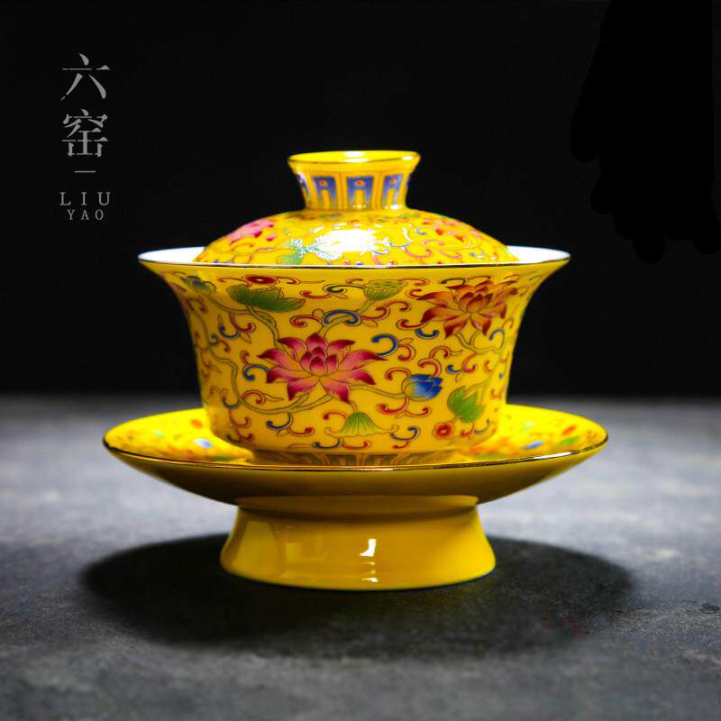 珐琅彩碗茶杯三彩茶具套装超大陶瓷古300毫升单八宝有盖茶碗