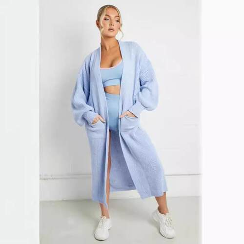 Longline Balloon Sleeve Cardigan 2 22 Knitwear Plain Open