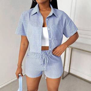 Twopiece Set Womens Striped Print Crop Shirt Shorts Casual