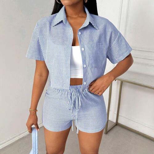 Twopiece Set Womens Striped Print Crop Shirt Shorts Casual