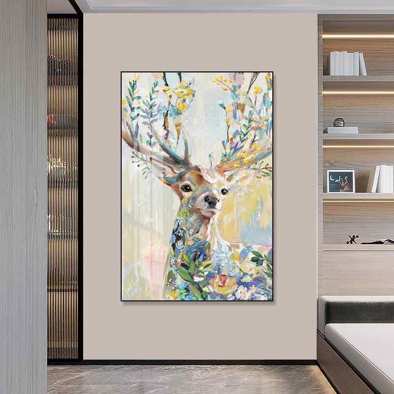 代简约现油手绘油画小鹿玄关装饰PMV画客餐厅抽象画轻厅奢手绘挂