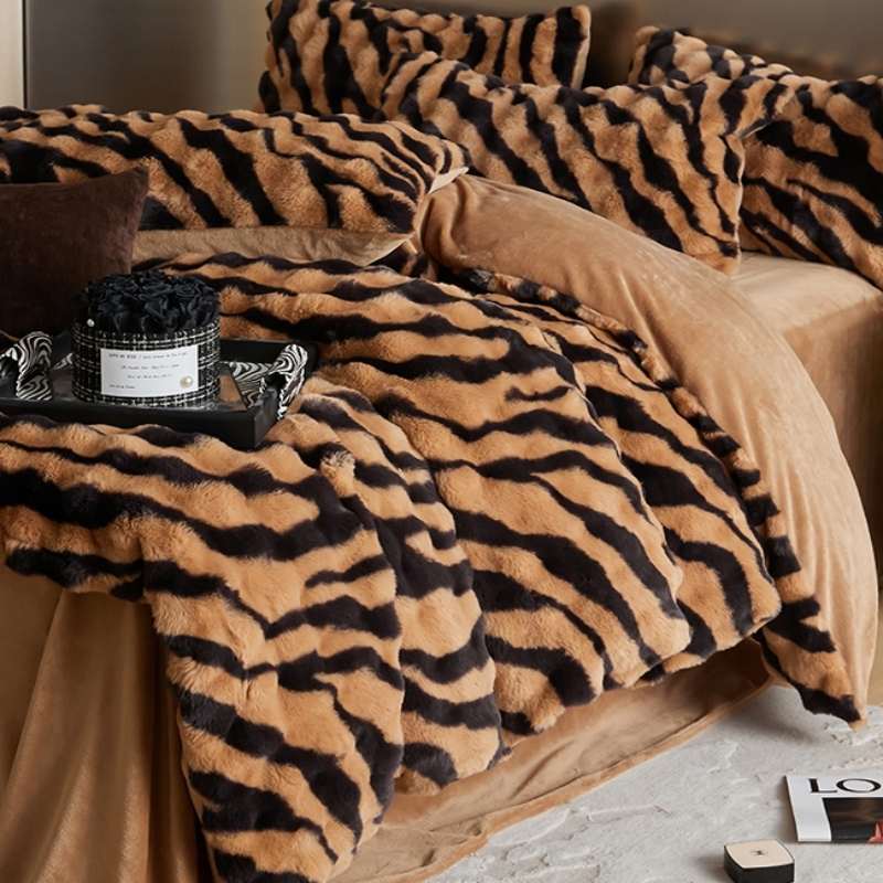 高端豹纹牛奶绒四件套冬季珊瑚绒双面皮草绒被套床单床笠款兔毛绒