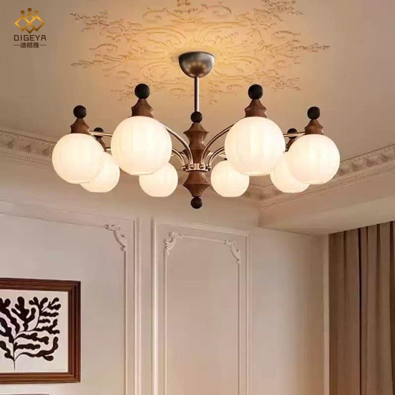 美式复古风卧室吊灯法式中古高级感实木设计师款艺术灯具.