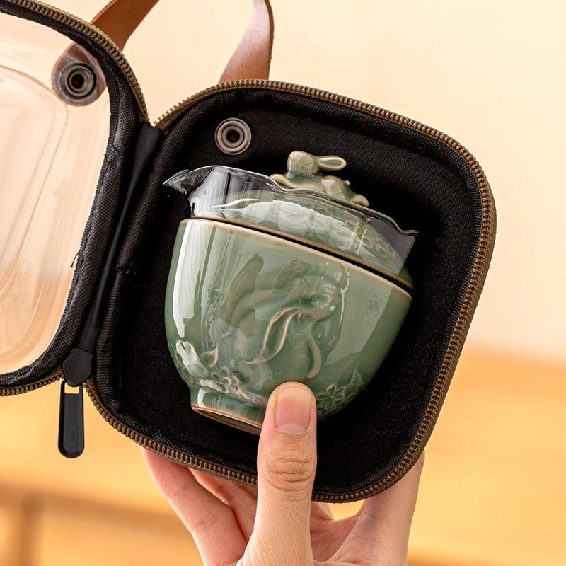 越窑青瓷月兔快客杯一壶一杯便携式旅行茶具套装户外露营泡茶装备
