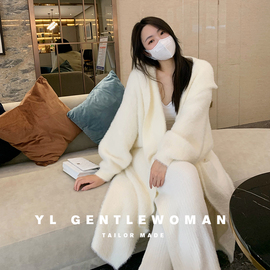 YL Gentlewoman秋冬仿水貂毛连帽针织开衫宽松慵懒长毛毛衣长外套