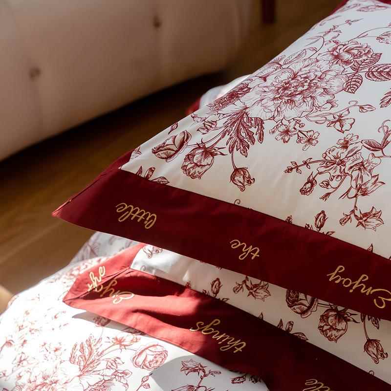 奢田园风00支印花刺绣长绒棉四件套轻纯用棉全1棉CXA被套婚庆床上