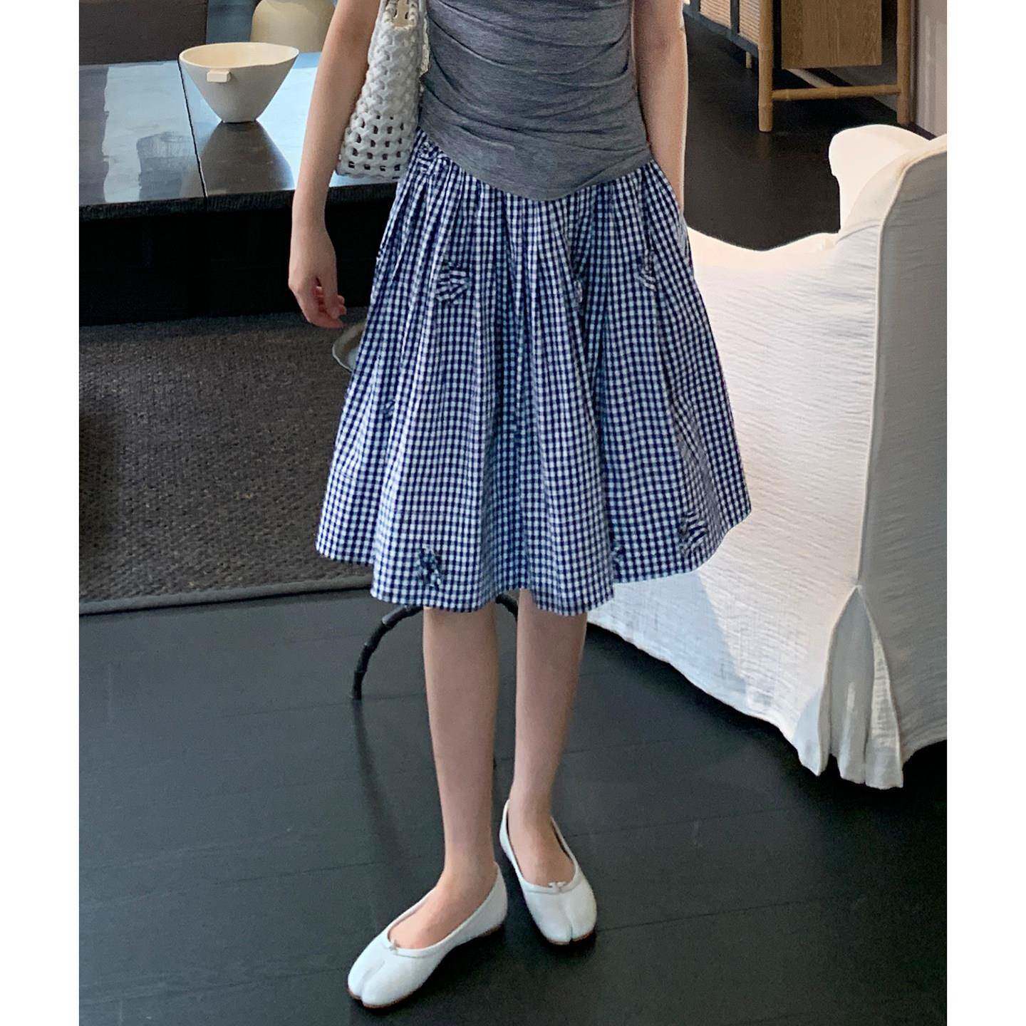 iszizii手工立体花朵 miu系蓝白格子中裙夏梨型遮胯a字半身裙短裙