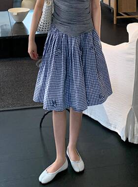 iszizii手工立体花朵 miu系蓝白格子中裙夏梨型遮胯a字半身裙短裙