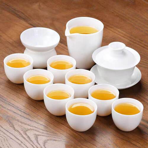 德化羊脂玉白瓷功夫盖碗茶具套组家用客厅陶瓷泡茶整套礼盒装