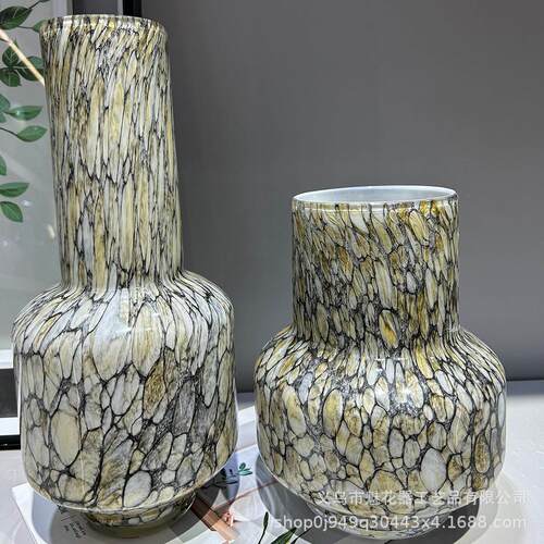 现代中古风豹纹琉璃花瓶餐桌插花器博古架创意摆件样板间高级装饰