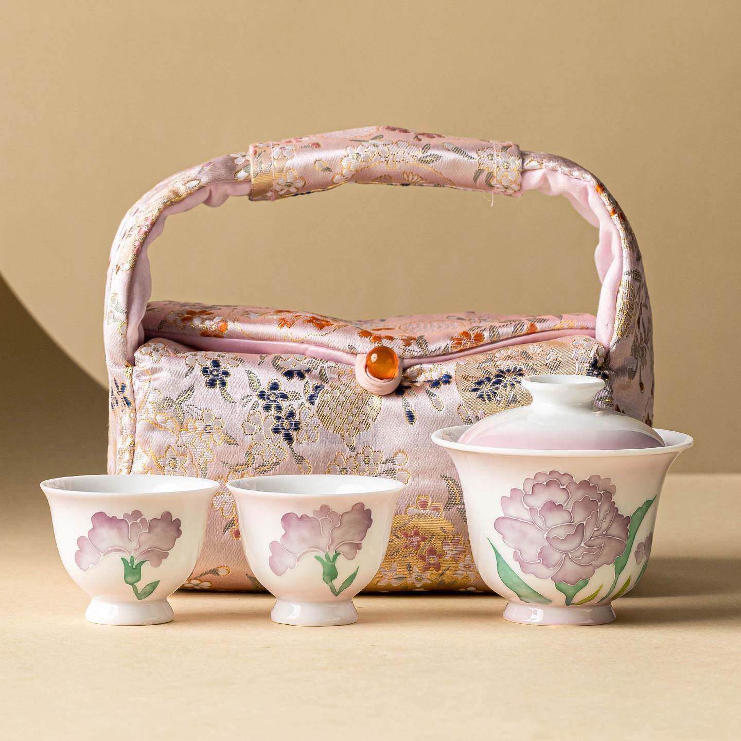 渐变紫户外旅行茶具陶瓷便携式快客杯手绘堆雕康乃馨茶杯盖碗套装