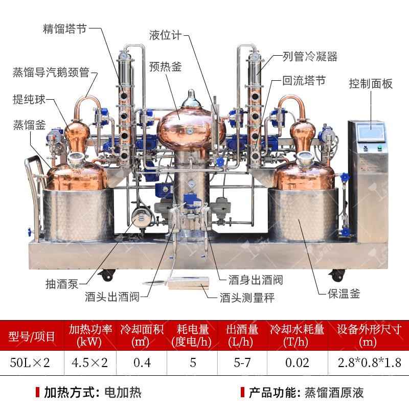 50LX2全动壶塔结合式兰蒸馏器酿酒机自白地50LX2全果酒蒸馏酒紫铜
