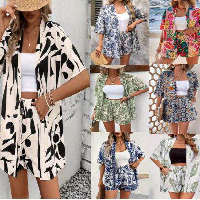 two-piece set featuring a multi-colored bohemian print