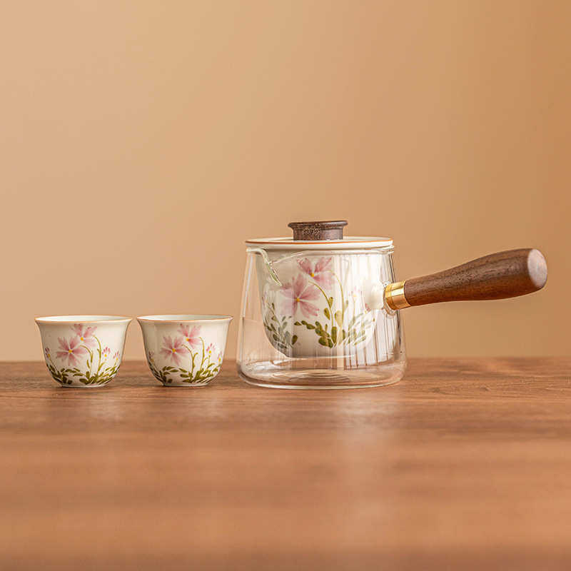 小雏菊手绘旅行茶具便携式陶瓷一壶两杯小套装中式玻璃茶具侧把壶