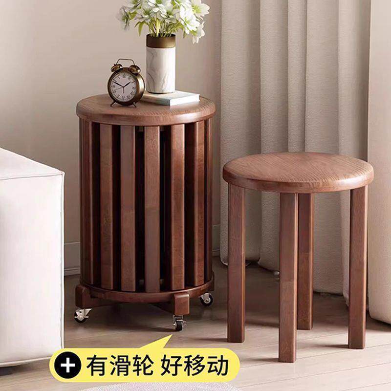 待实木可叠茶几组合凳子叠叠乐44椅圆凳餐桌客备用凳带滑轮折放叠