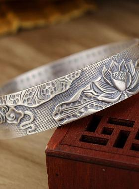 高档莲花心纯银手镯999足经个银男女款开口复古宽版子性银镯银制