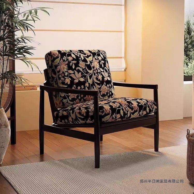 可拆洗法式复古实木沙发椅设计师客厅阳台中古风单人沙发休闲椅子