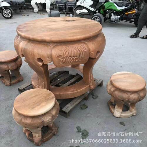 晚霞红石鼓桌子大理石石桌石凳一套镂空圆鼓石桌子庭院摆件厂家