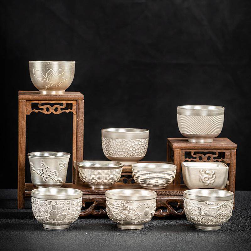 养生礼品茗鎏烫杯防银杯手工银杯茶盏浮雕家用单功夫茶杯茶器包银