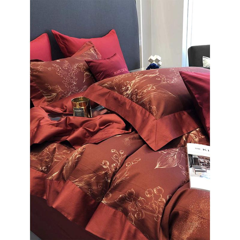 高端婚庆100支长绒棉四件套轻奢数码印花大红色结婚被套床上用品