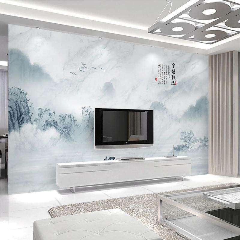 新款直销新中式山水大理石纹意境电视背景墙壁布海纳百川简约微晶