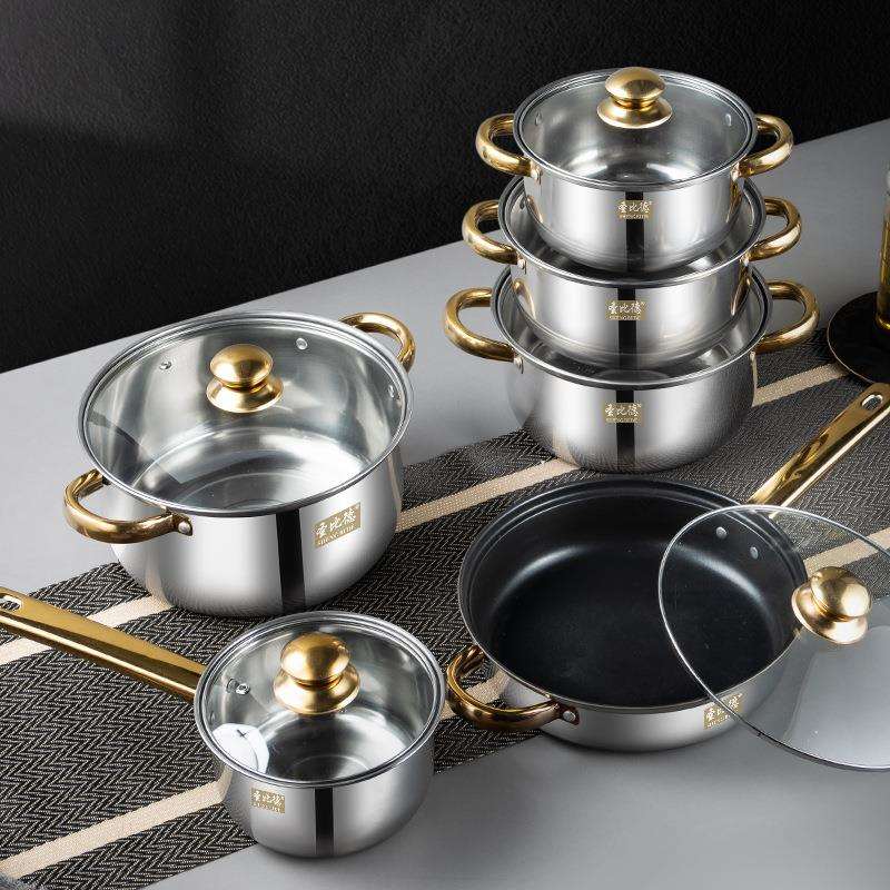 跨境电商不锈钢12件套锅具套装金色手柄水壶厨房烹饪锅具cookware