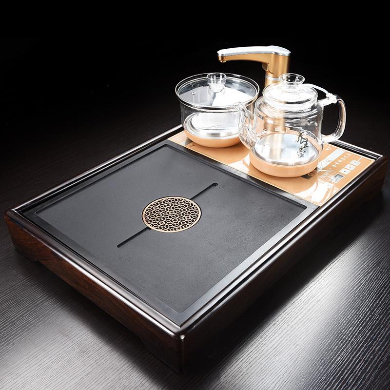 乌金石茶盘套装家用简约全自动一体排水茶台黑檀木小号办公室茶海