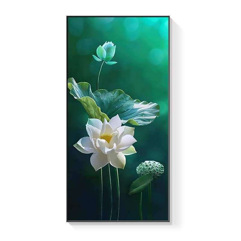 荷花荷叶入户玄关装饰画现代简约走廊过道挂画客厅花卉竖版壁画图片