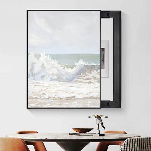 奶油风手绘大海海浪装饰画电闸箱挂画配电箱大尺寸电表箱遮挡油画